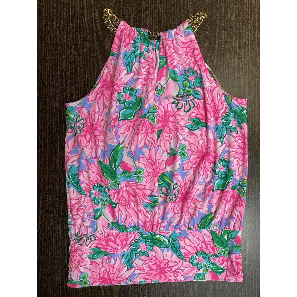 LILLY PULITZER Bowen Gold Chain Pink & Green Halter Top Blouse Floral Sz Medium